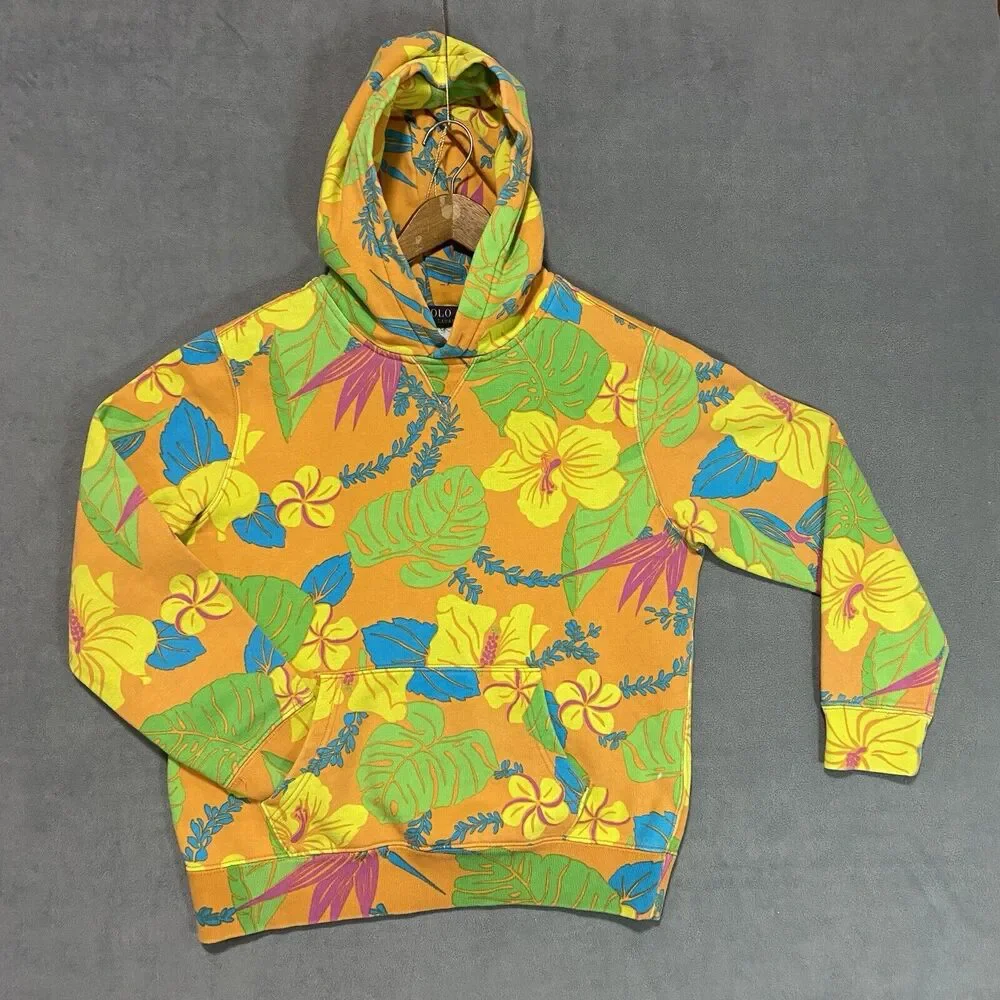 Polo Ralph Lauren Floral Spa Hoodie Medium‎ Sweater Tropical Hibiscus Orange Vtg